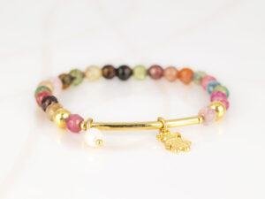 PULSERA CON DIJE ORO LAMINADO PERLA TUBO PIEDRA