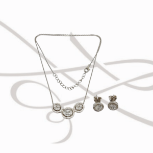 JUEGO PLATA RODIZADA CIRCULAR CON CADENA TOPACIO BLANCO