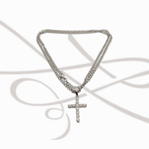 COLLAR CON DIJE PLATA RODIZADA CADENA Y CRUZ MOISSANITE