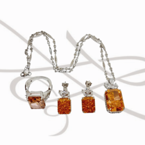 JUEGO PLATA RODIZADA RECTANGULAR Y TOPACIO BLANCO ZAFIRO NARANJA