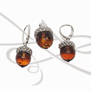 JUEGO PLATA FIGURA AVELLANA DIJE Y ARETES AMBAR